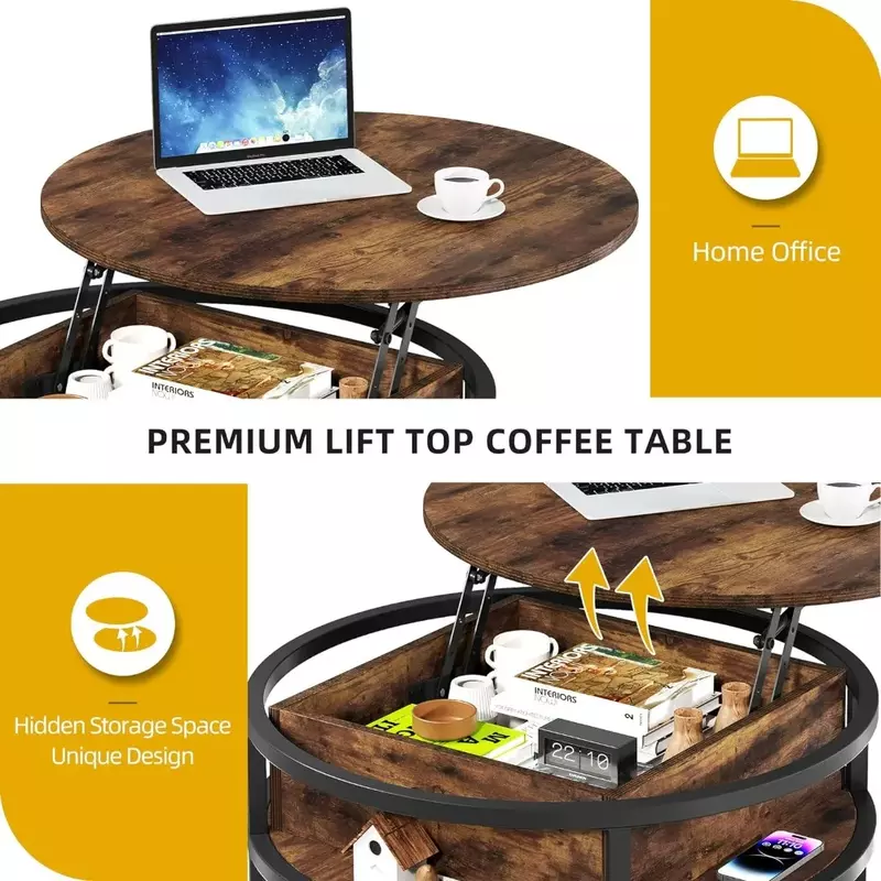 โต๊ะกาแฟทรงกลมสำหรับห้องนั่งเล่นโต๊ะกาแฟแบบยกด้านบนพร้อมที่เก็บของโต๊ะกาแฟไม้ในฟาร์มโต๊ะวงกลมชนบท