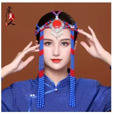 غطاء رأس صيني مطرز للنساء ، زفاف منغولي ، إكسسوارات شعر للعروس ، رقص مسرحي
