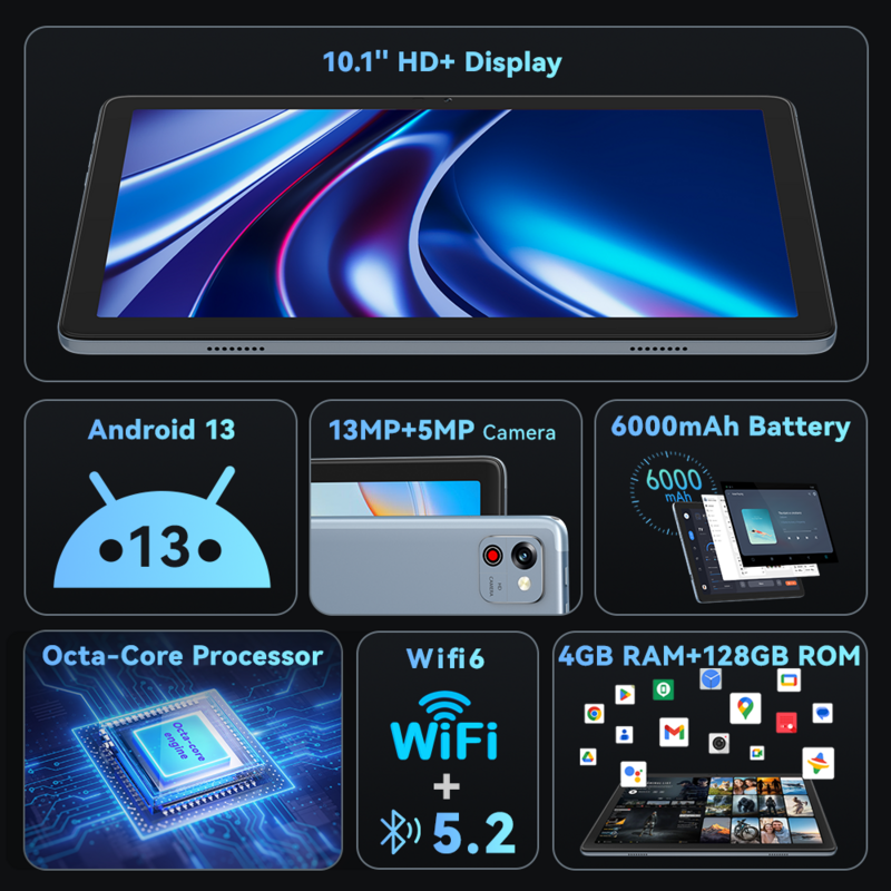 Cubot TAB 60, nouvelle tablettes android 2024, Octa-Core, 8 Go de RAM (4 Go + 4 Go étendus), 128 Go de ROM, écran HD+ 10,1 pouces, batterie 6000 mAh, GPS, OTG, WiFi 6, tablette pour étudiant, tablet android, Bluetooth