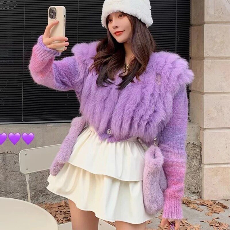 2023 Autumn New Women Real Fox Fur Female Fashion Casual Sweater Coat Loose Warm Oversize Fox Fur Patchwork Outside Decoration