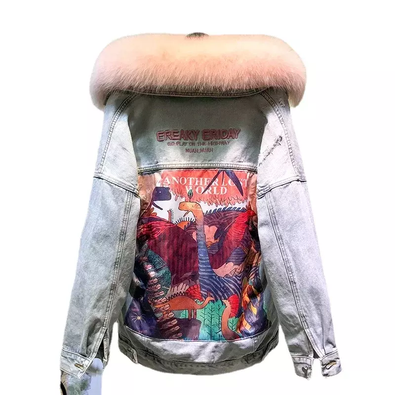 Женская джинсовая куртка средней длины с большим меховым воротником и длинными рукавами, новинка осень-зима 2023, утепленная свободная Меховая куртка с флисовой подкладкой