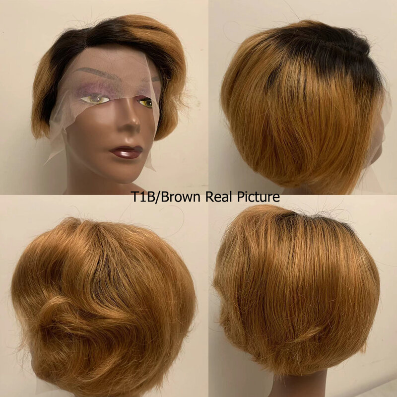 Wig potongan Pixie rambut manusia Ombre pirang murah Bob pendek lurus Wig untuk wanita hitam renda transparan Frontal Remy 180% Brasil