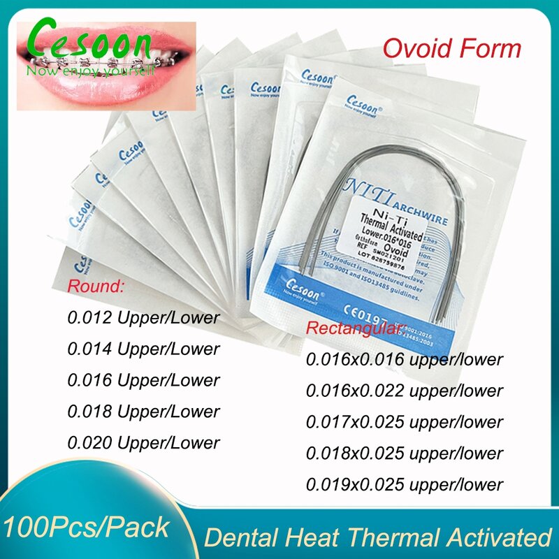 100 buah/10 Pak gigi ortodontik Super elastis Niti kabel lengkung panas termal diaktifkan bulat persegi panjang bentuk bulat Ovoid