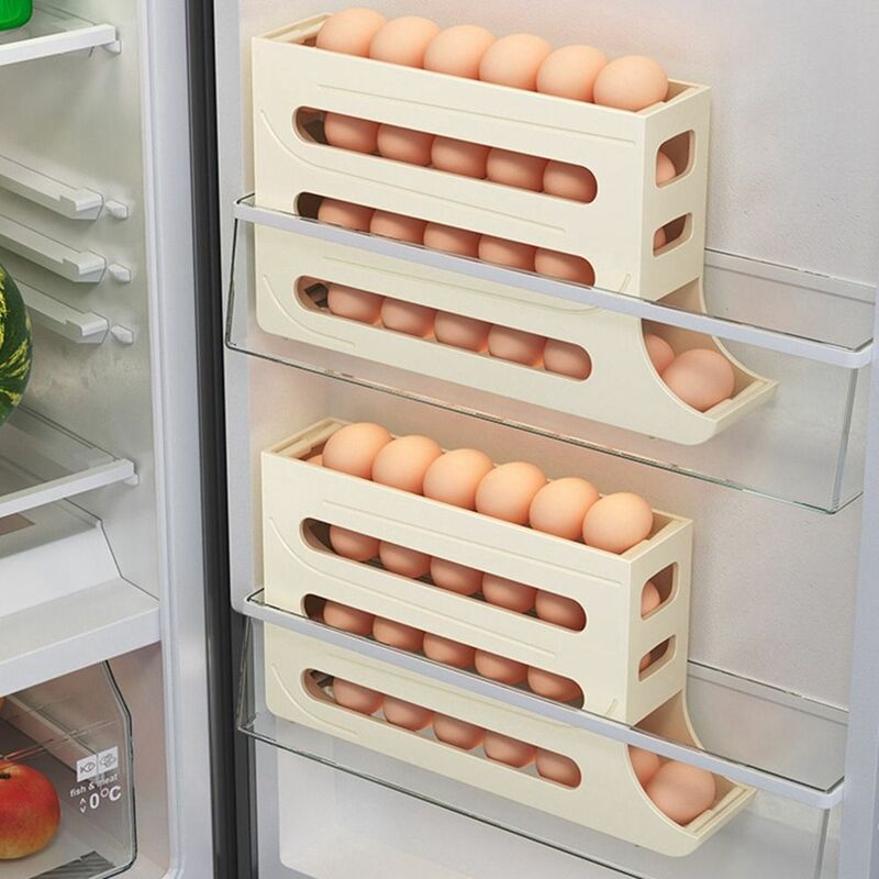 Caja de almacenamiento de huevos para refrigerador, soporte de plástico de gran capacidad, ahorro de espacio, desplazamiento automático, 30 rejillas