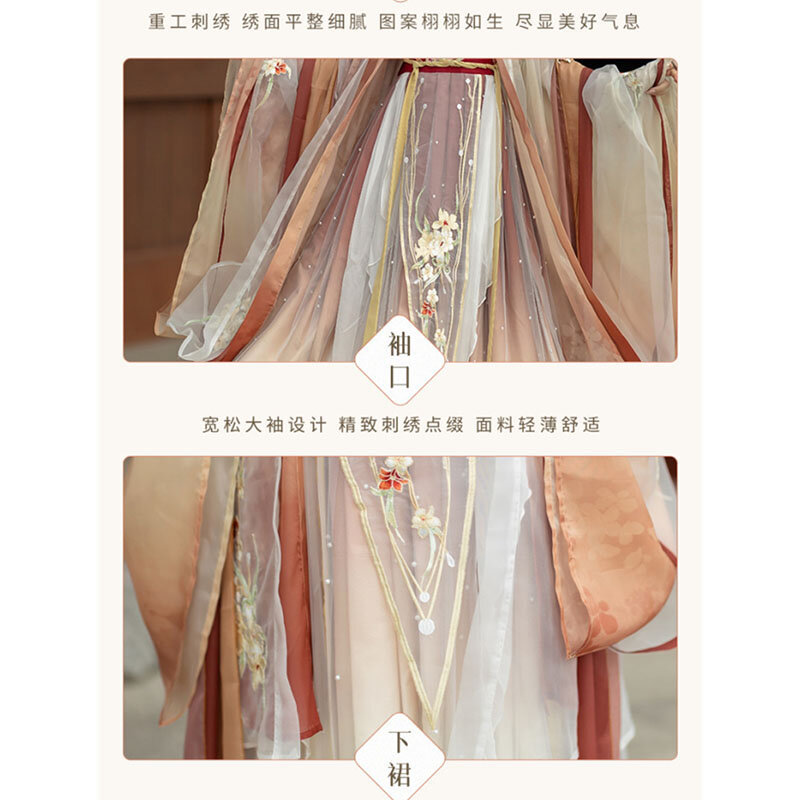 Hanfu gaun tradisional Tiongkok 2023, kostum gaun lengan panjang panjang pinggang meningkatkan gaya Dinasti Tang tradisional Tiongkok
