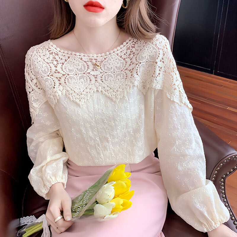 Blusa De lino y algodón con cuello redondo para Mujer, blusa holgada De manga larga con encaje bordado, 23185