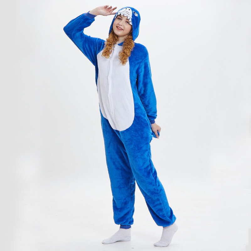 Kigurumi Adults Women Men Animal Shark Onesies Flannel Cartoon Pajamas Set Warm Winter Homewear Halloween Cosplay Cute Jumpsuits