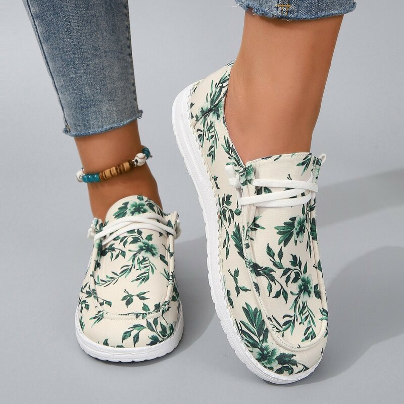 Fashion Canvas Print Women Flat Shoes 2023 Autumn Lightweight Slip On Loafers Woman Comfortable Outdoor Casual Sneakers Big Size
