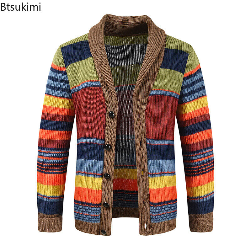 Кардиган мужской с лацканами, модный приталенный трикотажный свитер в стиле пэчворк, контрастный Повседневный вязаный жакет, весна-осень