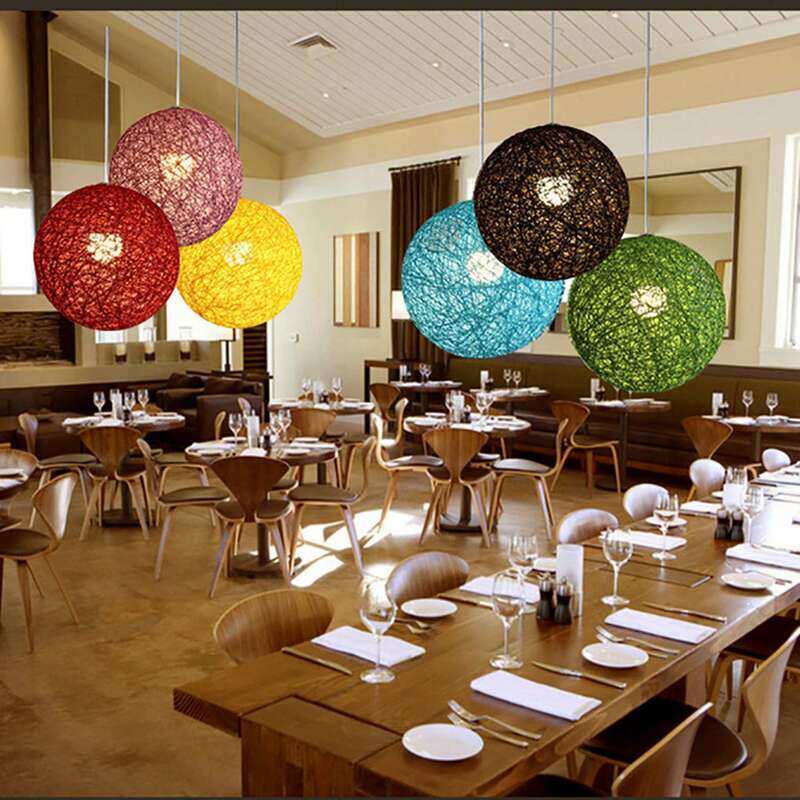 2X lampadario a sfera in bambù verde/caffè, Rattan e canapa creatività individuale paralume a nido di Rattan sferico