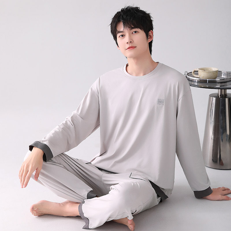 Пижама мужская хлопковая с круглым вырезом, одежда для сна, простой модный пижамный комплект с длинными рукавами, свободная Пижама, весна-осень
