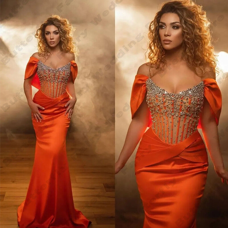 Gorgeous Women's Card Shoulder Evening Dresses Mermaid Satin Lace Beaded Princess Prom Gowns Formal Fashion Celebrity Party Robe