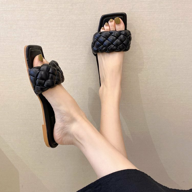 솔리드 컬러 여성 슬리퍼 꼰 디자인 매력 오픈 발가락 세트 발 휴가 비치 플랫 샌들 캐주얼 플립 플롭 여성 신발