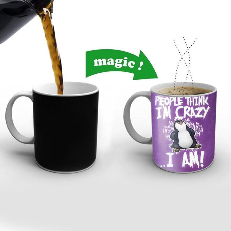 Crazy-P-펭귄-귀여운 만화 세라믹 커피 머그잔, 색상 변경 차 컵, 우유 컵, 재미있는 선물