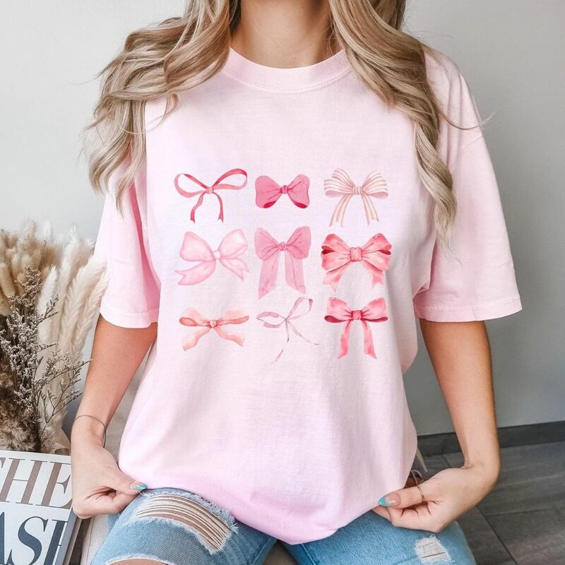 T-Shirt con fiocco rosa maglietta con nastro carino maglietta con fiocco in nastro rosa regalo per donna maglietta con fiocco colori Comfort 2024 top estivi