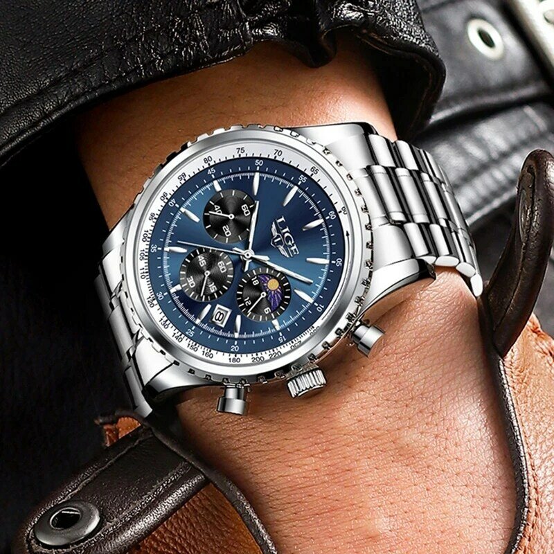 LIGE 탑 브랜드 남성용 럭셔리 남자 손목 시계, 풀 스틸 쿼츠 시계, 스포츠 방수 남성 시계, 큰 Relogio