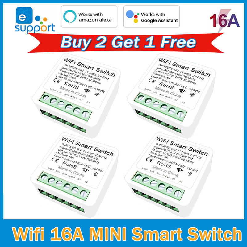 16A MINI Wifi Smart Switch EWeLink DIY 2-way Control Timer Modules APP Wireless Remote Control Timer Work With Alexa Google Home