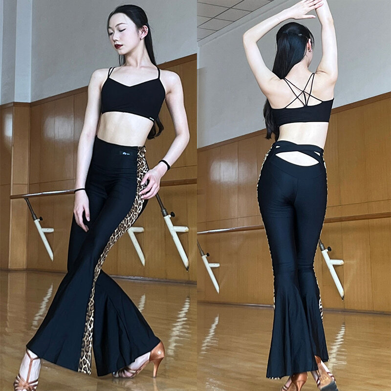 Женские брюки для латиноамериканских танцев, черные леопардовые брюки с вырезом на талии, модель DNV20237