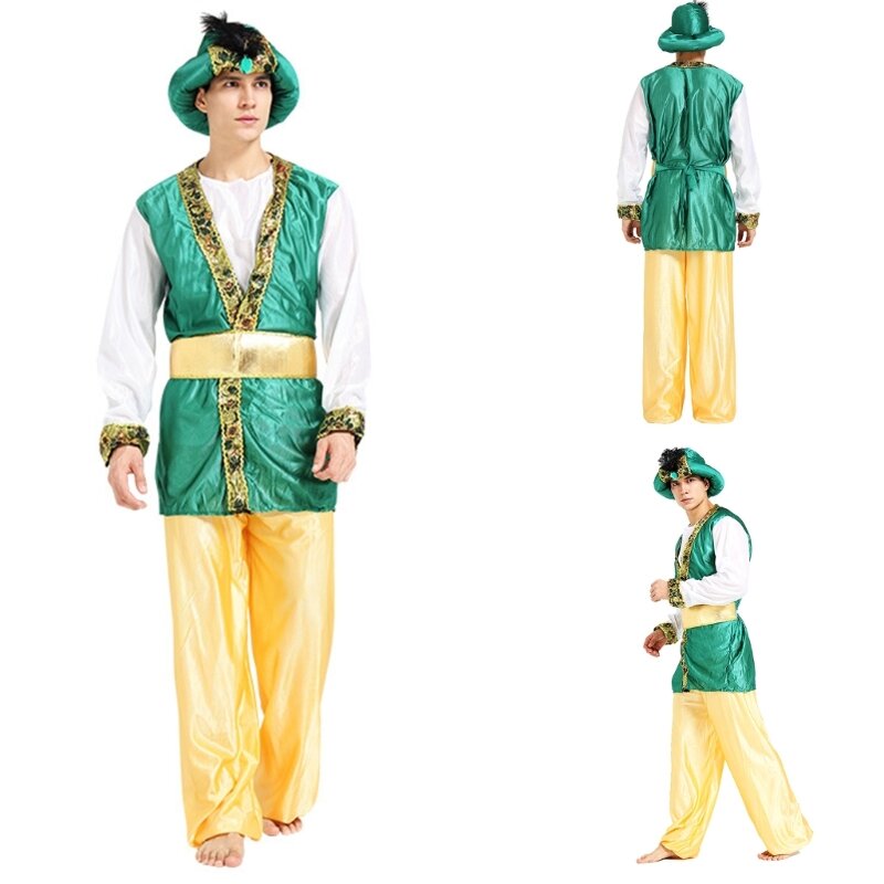 Q0KE ハロウィンアラビア王子/王女の衣装イスラム教徒の帽子ロングローブベールパンツ中東ドバイコスチュームアクセサリー