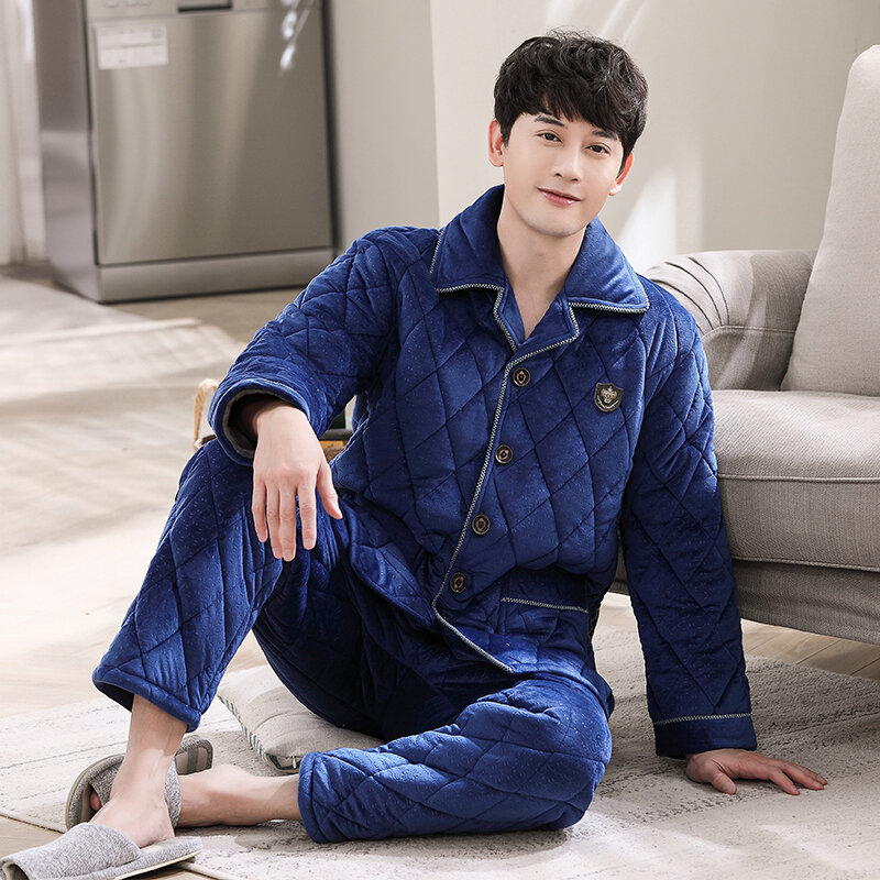 Winter 3 Layers Quilted Pajamas Warm Men Thick Flannel Pajama Sets Coral Fleece Sleepwear Suits Men Casual Home Clothes Pijamas