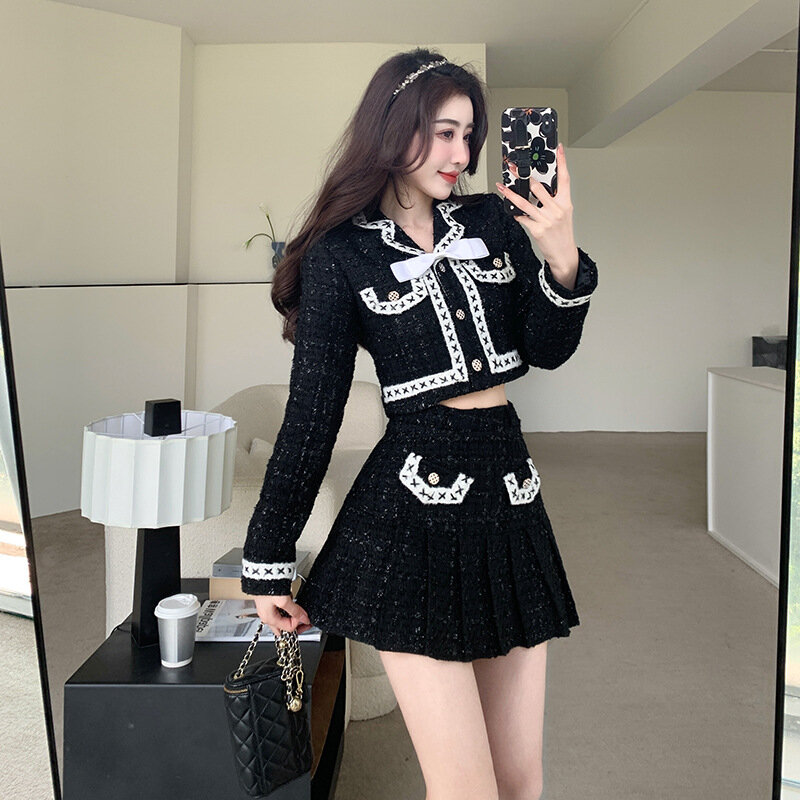 Mode Kleine Geur Y 2K Zwarte Tweedelige Set Dames Shorts Jassen + Mini Geplooide Rokken Vrouwen Outfits 2023 Ins Koreaanse Pak