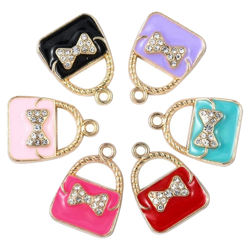 60 Pieces 6 Colors Enamel Bow Tote Charm Crystal Rhinestone LightGold Small Tote Charm for Jewelry