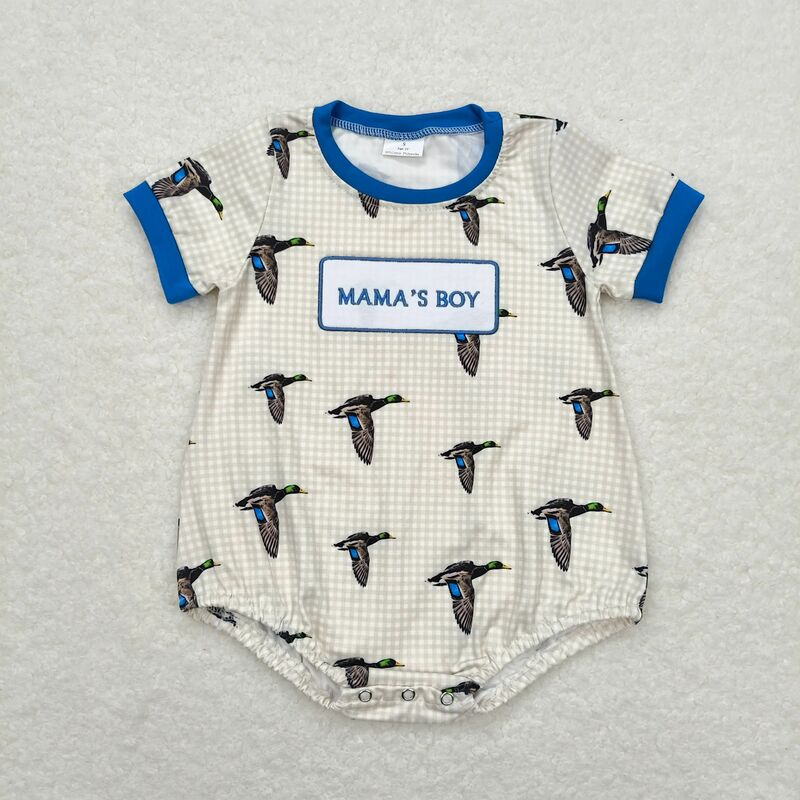 Sr1377 Mama 'S Jongen Geborduurd Alfabet Eend Check Korte Mouw Onesie Hoge Kwaliteit Groothandel Baby Rompertjes
