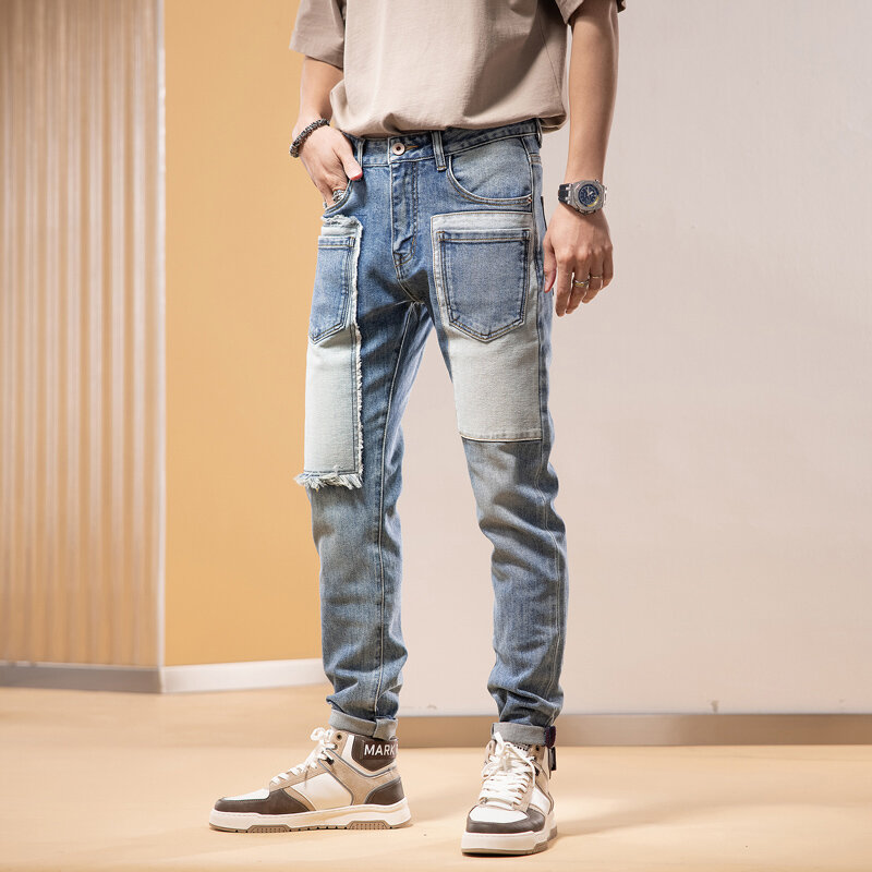 Джинсы мужские Стрейчевые в стиле ретро, рваные брюки-скинни с заплатками, эластичные дизайнерские штаны в стиле хип-хоп, синие