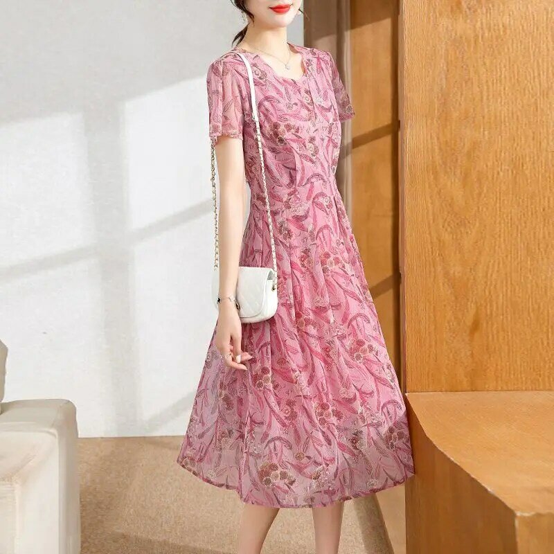 Женское платье с V-образным вырезом, свободное офисное платье с цветочным принтом, со складками и коротким рукавом, лето 2024