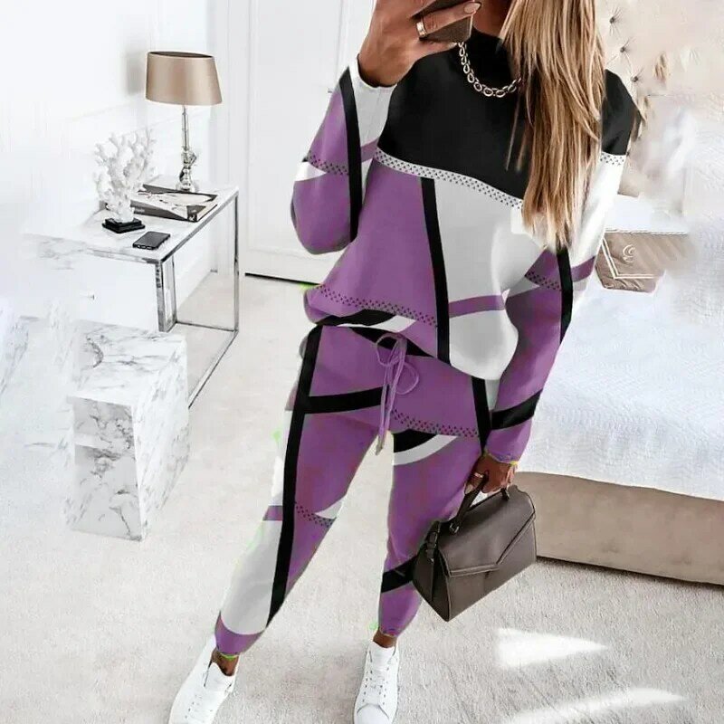 European and American women's 2024 new two-piece set with contrasting printed long sleeved round neck casual fashion set YBF9-3