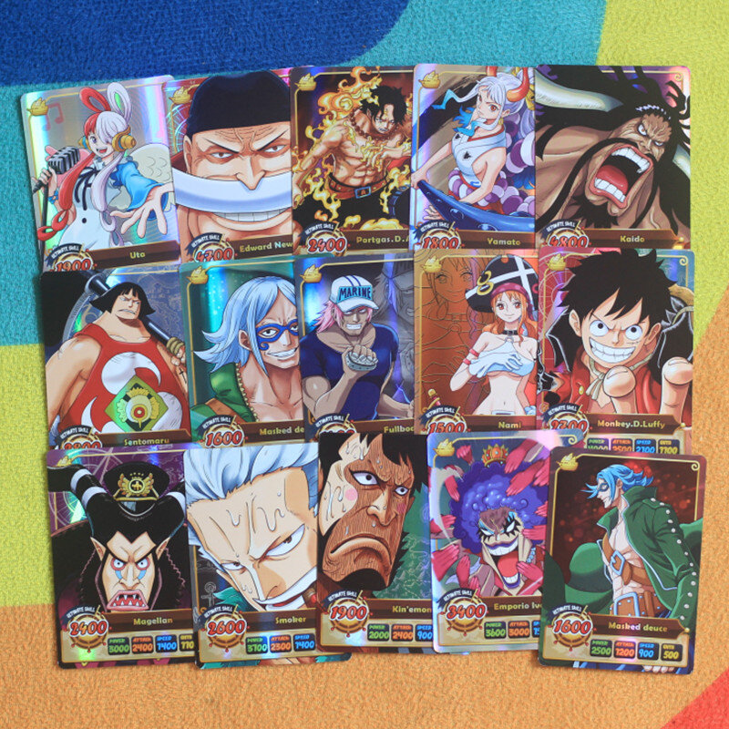 50pcs Anime ONE PIECE NARUTO Demon Slayer Color Flash Card Rare Collection Battle Kamado Tanjirou Monkey D. Luffy Uchiha Sasuke