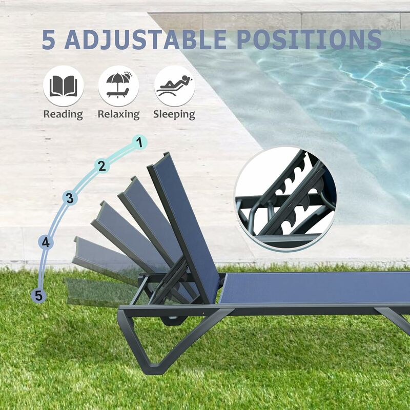 Poltrona de piscina com mesa lateral, Chaise exterior de alumínio, Encosto ajustável e rodas, Cadeiras exteriores