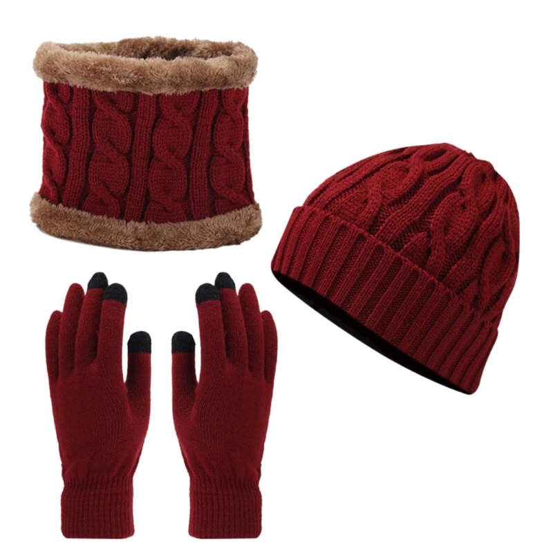 3pcs Teens&Adult Winter Hat Gloves Neck Gaiter Set Thicken Beanie Hat Keep Warm F0S4