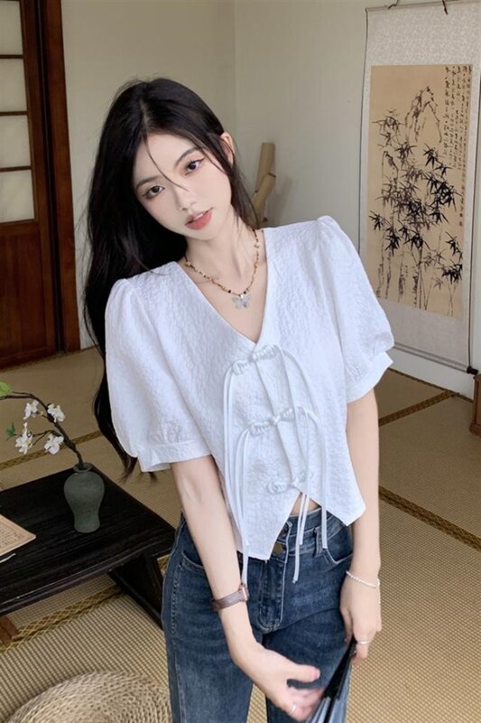 Miiiix New Chinese Style Button Up Short Sleeved Full Shoulder Shirt Women's Summer Slightly Chubby French Slimming Tee Top