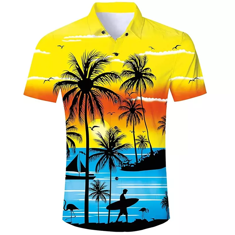 Camisa havaiana solta de manga curta masculina, coqueiro, com botões, tops estilo praia de férias, impressão 3D, casual, verão, 2024
