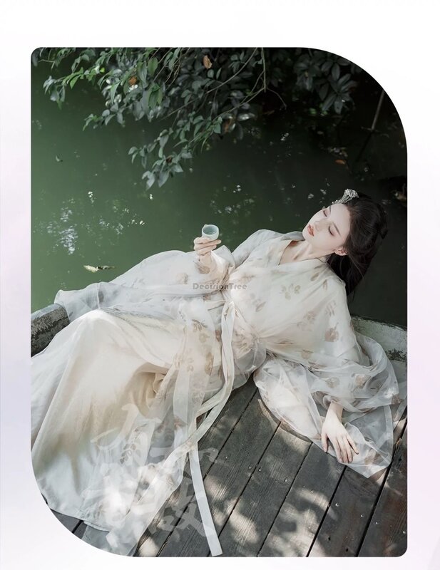 ชุด Hanfu พิมพ์ลายสไตล์จีน Wei Jin ใหม่2024นางฟ้าสง่างามศิลปะชากระโปรงผ้าโปร่งใส่ได้ทุกวันชุดชุดคอสเพลย์ผู้หญิง