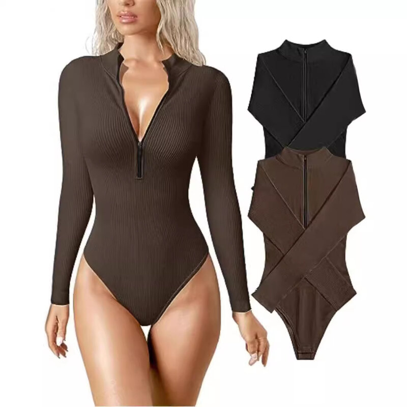Spring/Summer 2024 European and American Long Sleeved Jumpsuit Sexy Ribbed Jumpsuit Front Zipper Long Sleeved Top Jumpsuit