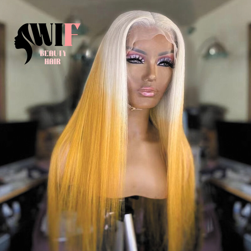 WIF Platinum Pink Ombre Hair Synthetic Wig Long Straight Heat Fiber Two Tones Colorful Lace Front Wigs Women Cosplay Party Use