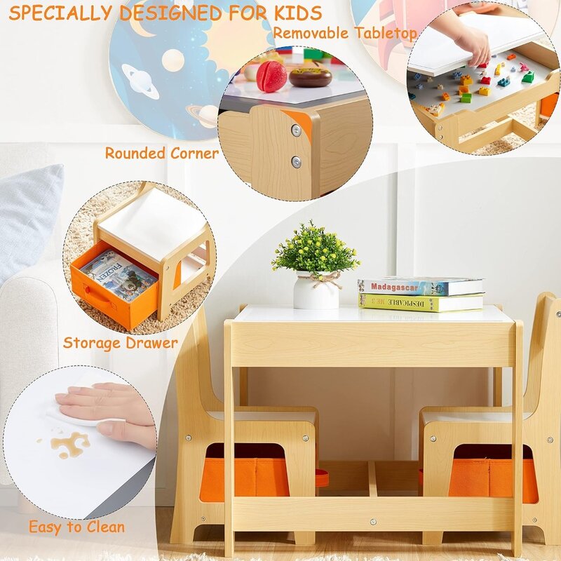 Children's table and chair set,three in one wooden activity table with drawers,two in one detachable desktop table and chair set
