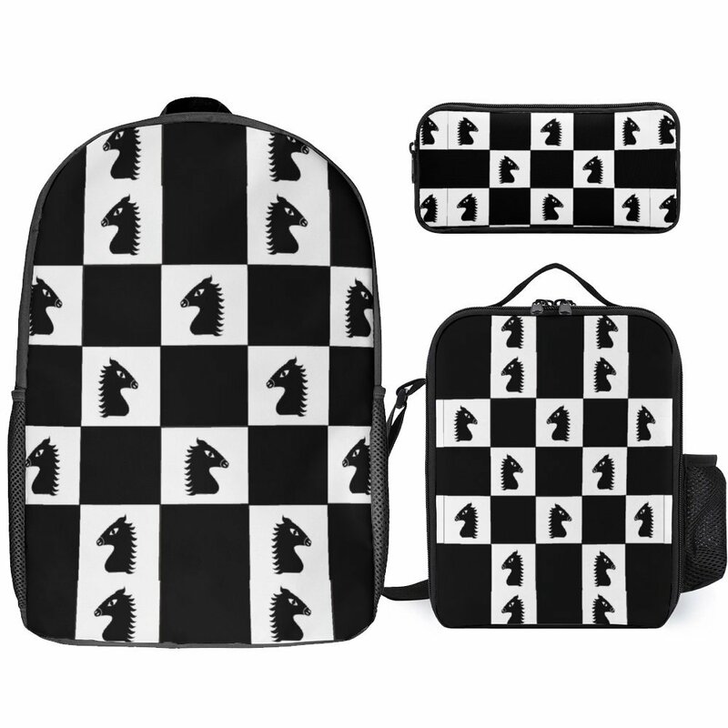 Mochila 3 en 1 con estampado de tablero de ajedrez, bolsa de almuerzo de 17 pulgadas, bolso para bolígrafos, mochila segura a la venta, gráfica acogedora para escuelas