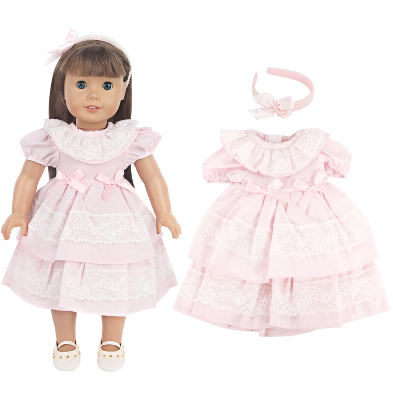 Pink Color Princess Doll Dress for American 18 Inch Girl Dolls, Lace Skirt and Hairband, Cute, 43cm Baby, New, OG