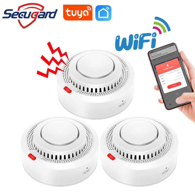 Tuya wi fi detector de fumaça sensor incêndio smokehouse 80db som alarme inteligente casa sistema segurança combinação app mensagem empurrar