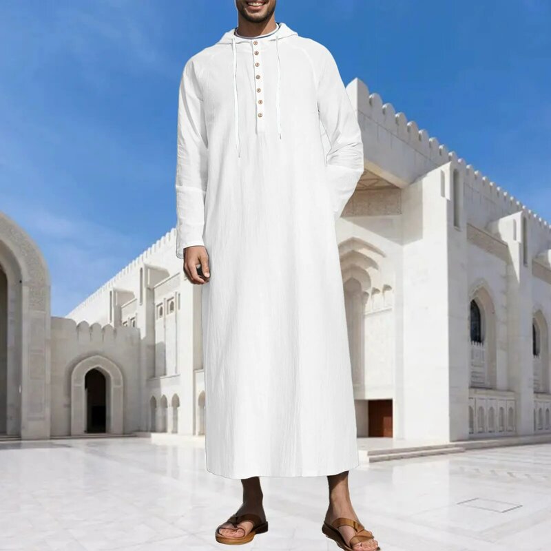 Vestido musulmán para hombre, bata árabe media de manga larga con bolsillo bordado, Camisa larga, ropa de oración de lino y algodón