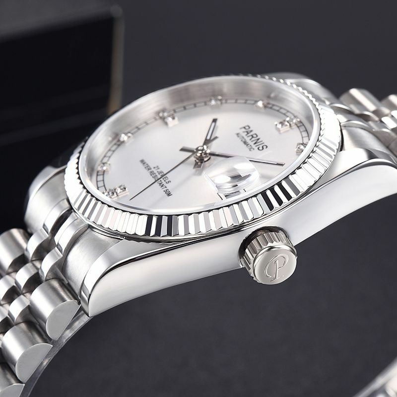 Moda Parnis 36mm biała tarcza mechaniczne automatyczne zegarki męskie szafirowy kryształowy kalendarz luksusowy męski sportowy zegarek reloj hombre