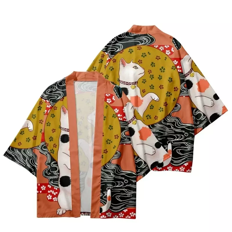 Homens e Mulheres Haori Kimono, Cardigan, Demon, Samurai Cat Print Camisa, Roupa Tradicional, Harajuku, Japonês, Praia, Yukata, Streetwear, Top