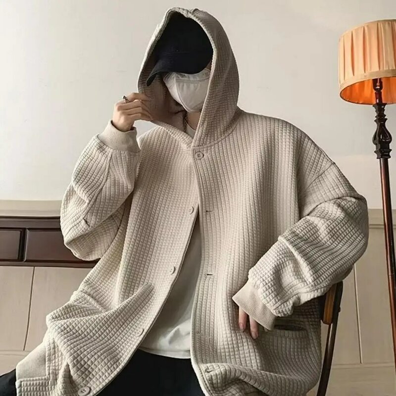 Bluza płaszcz styl hip-hopowy luźny krój kurtka męska jednolity kolor wafel tekstura płaszcz z kapturem długi rękaw odzież wierzchnia na jesień