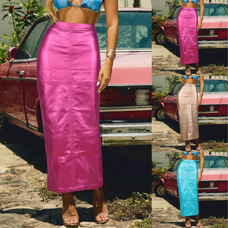 Pu Leather Long Skirt For Women High Waist Retro Maxiskirt Pathwork Bodycon Hip Package Double Split Skirt Animal Print Skirt