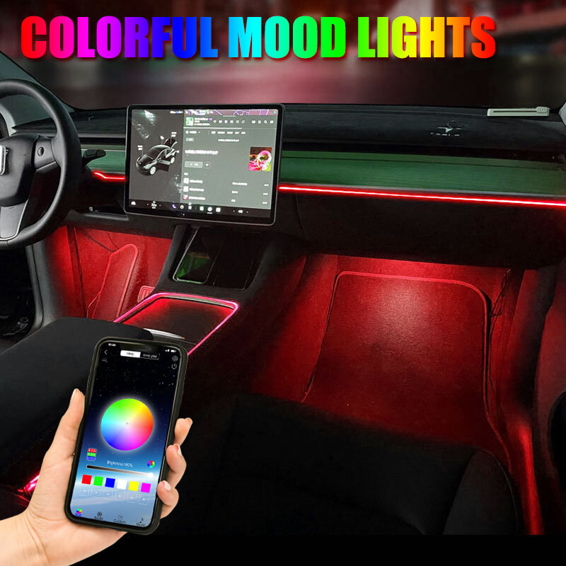 ไฟนีออนสำหรับภายในรถ Tesla รุ่น3 Y คอนโซลกลางแผงหน้าปัดไฟส่องสว่างโดยรอบแถบแอปควบคุมไฟ LED