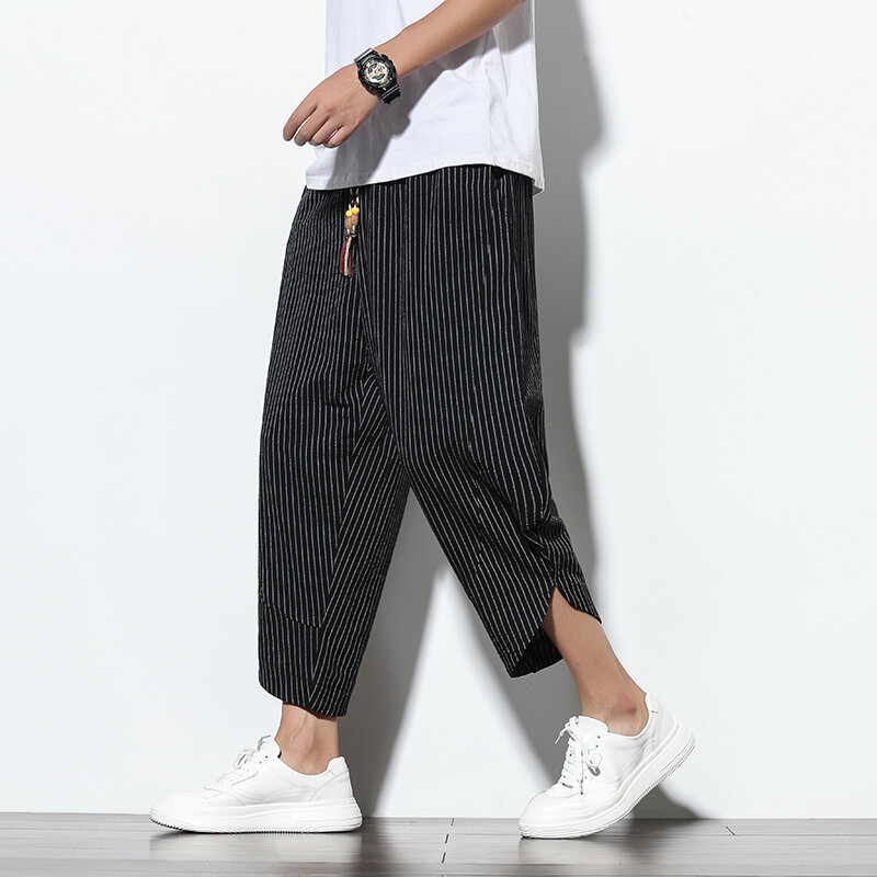 Pantalones bombachos de algodón y lino para hombre, pantalón holgado, informal, a rayas, Harajuku, de pierna ancha, verano, 2024