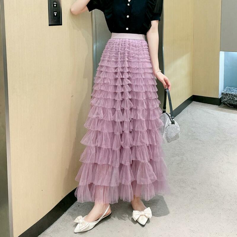 Elegant A-line Skirt Elegant High Waist A-line Maxi Skirt with Ruffle Detail Pleated Patchwork Women's Solid Color Princess